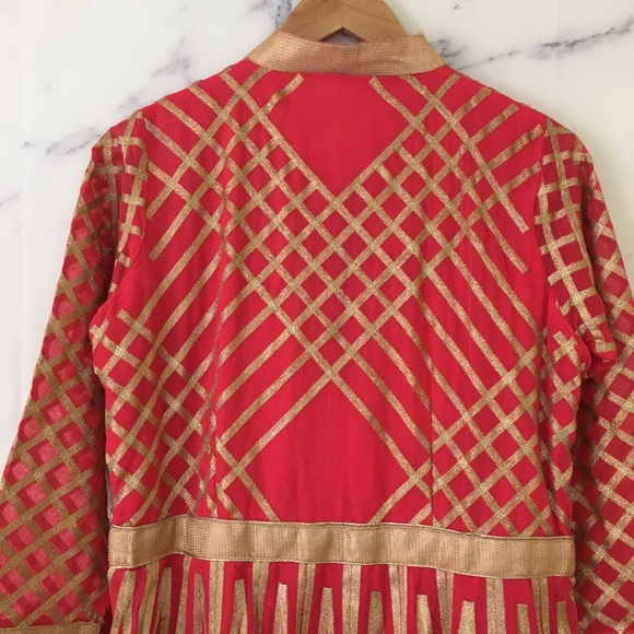 Handmade Middle Eastern Red Gold Gown Nehru Collar - Picture 3 of 7